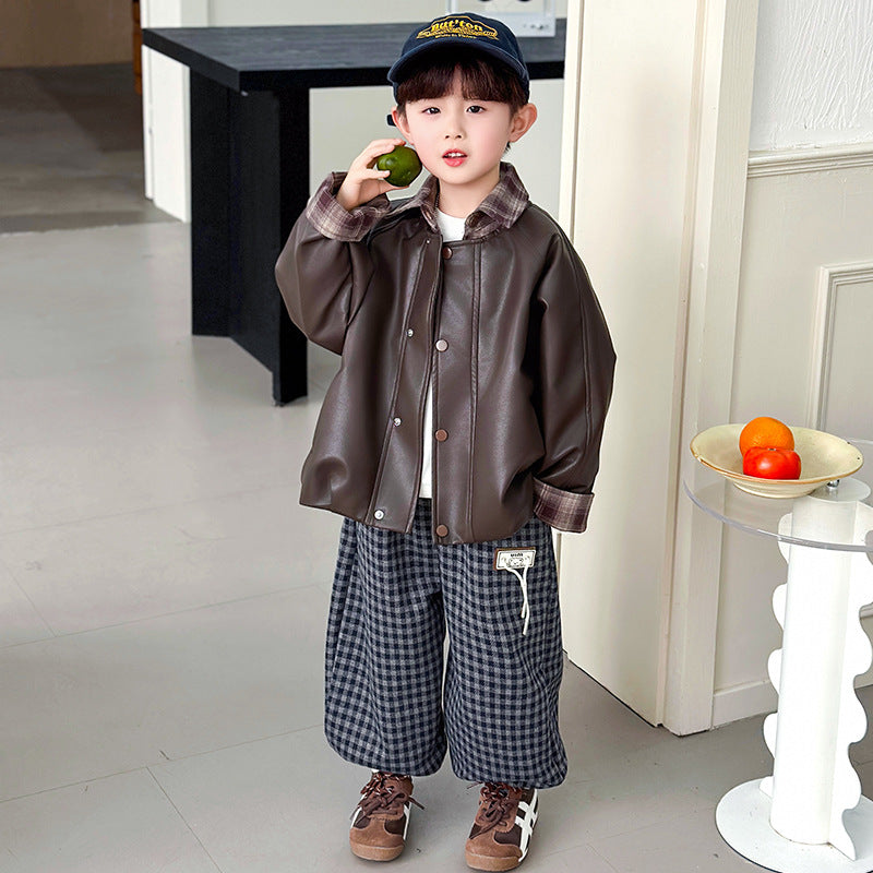 Boys PU Leather Biker Jacket Spring Autumn Motorcycle Outerwear