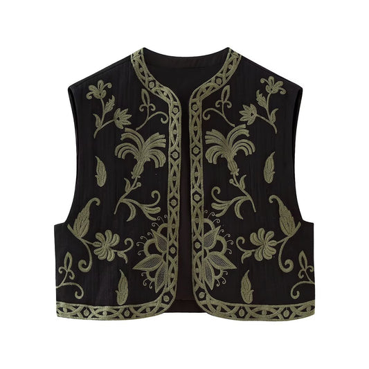 Casual and simple embroidered buttonless round neck vest for women in vest