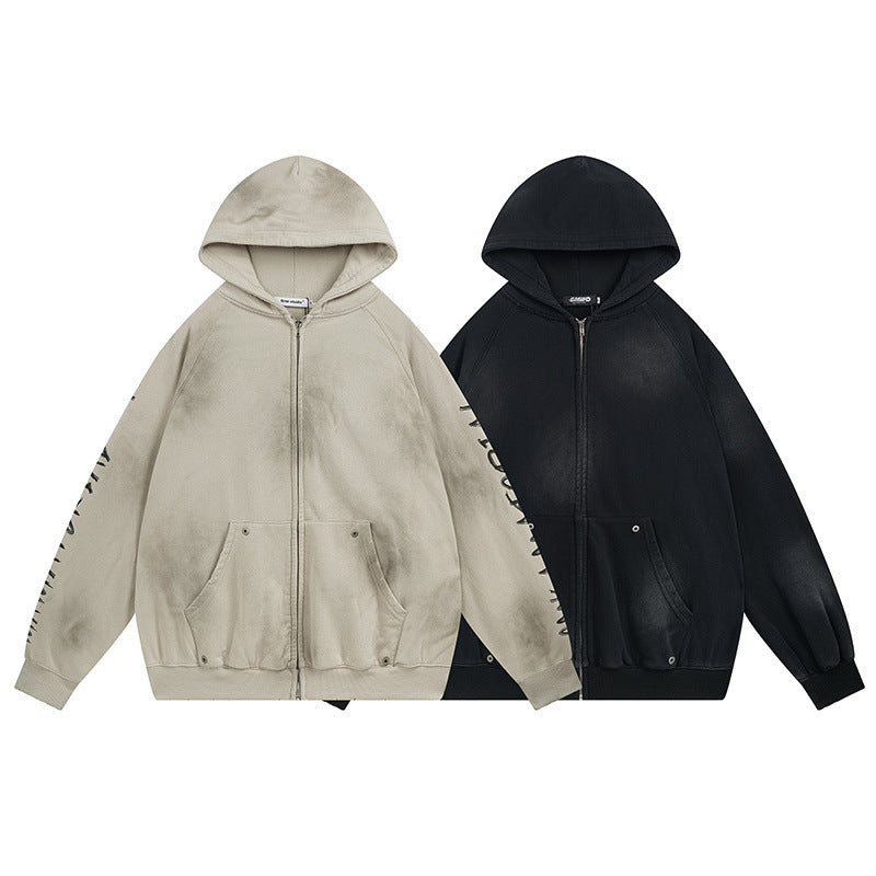 Washed Gradient Patch Embroidery Zip Up Hooded Sweatshirt Unisex Oversize Streetwear Jacket