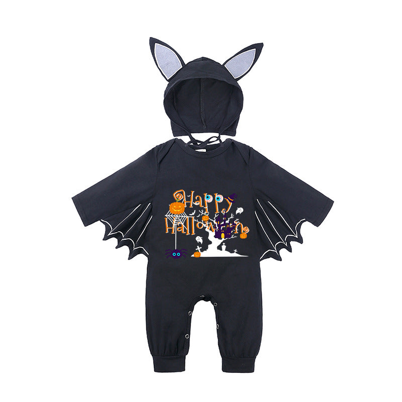 Baby Halloween Long Sleeve Onesie with Pumpkin and Bat Design, Infant Bodysuit for Crawling