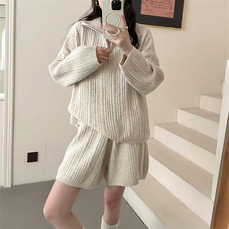 Half open collar zipper pullover sweater shorts two-piece set