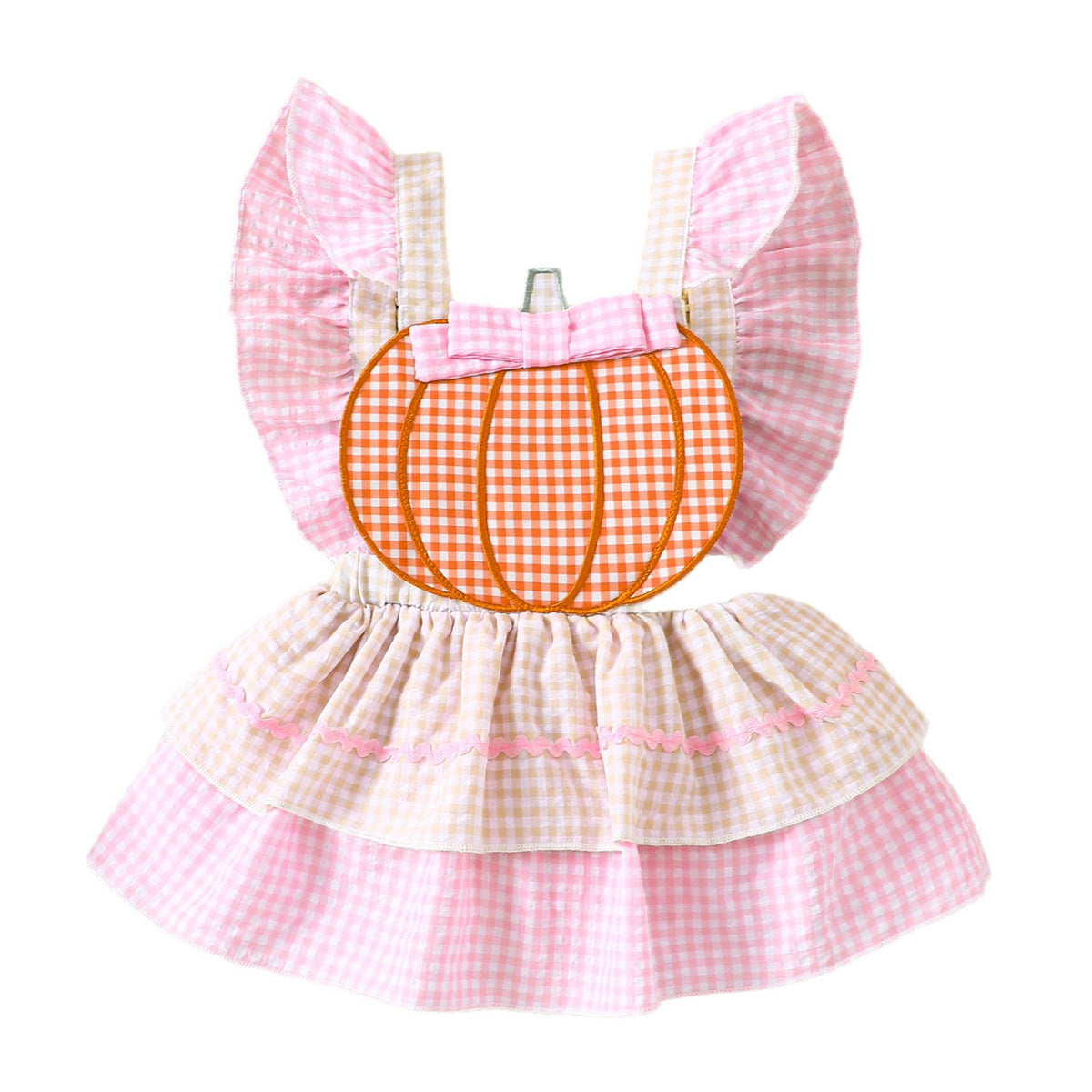 Baby Romper with Pumpkin Embroidery Plaid Overall Dress for Girls Summer Halloween Outfit