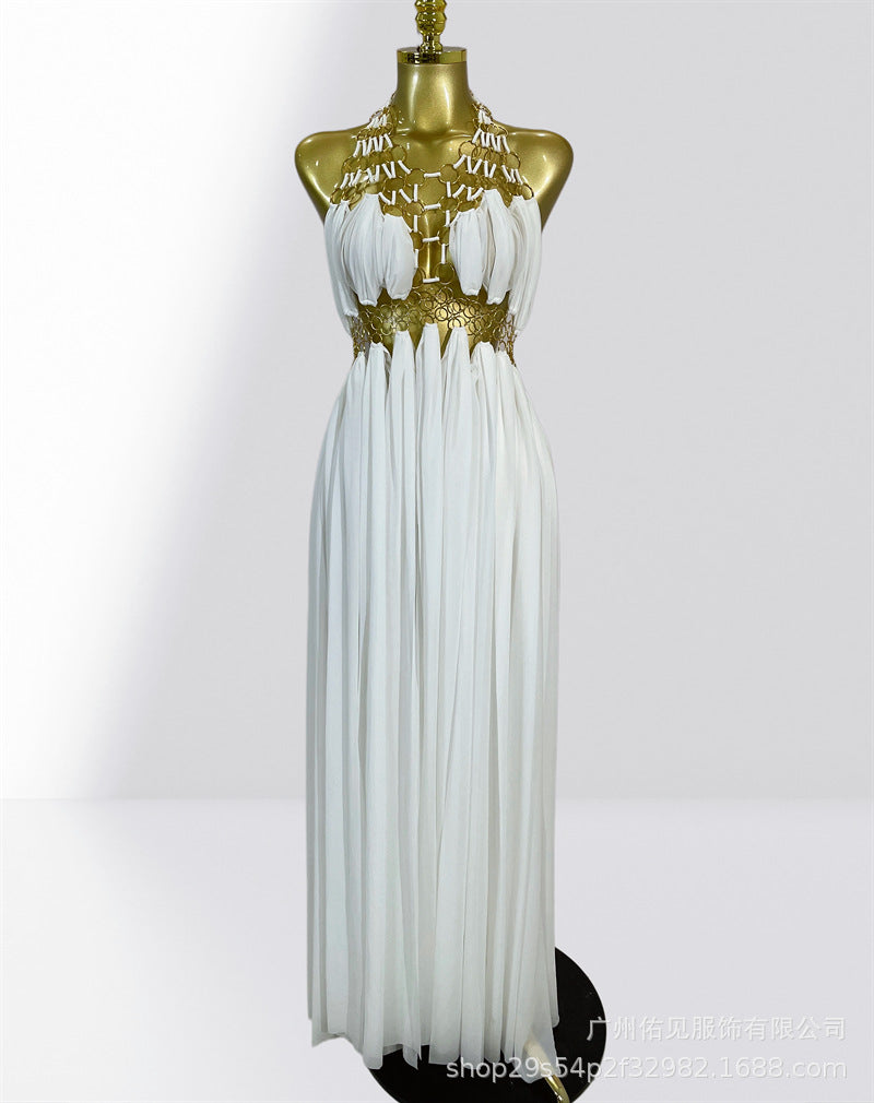 Sexy Plunging Neckline Halter Hollow-out Metal Ring Party Dress