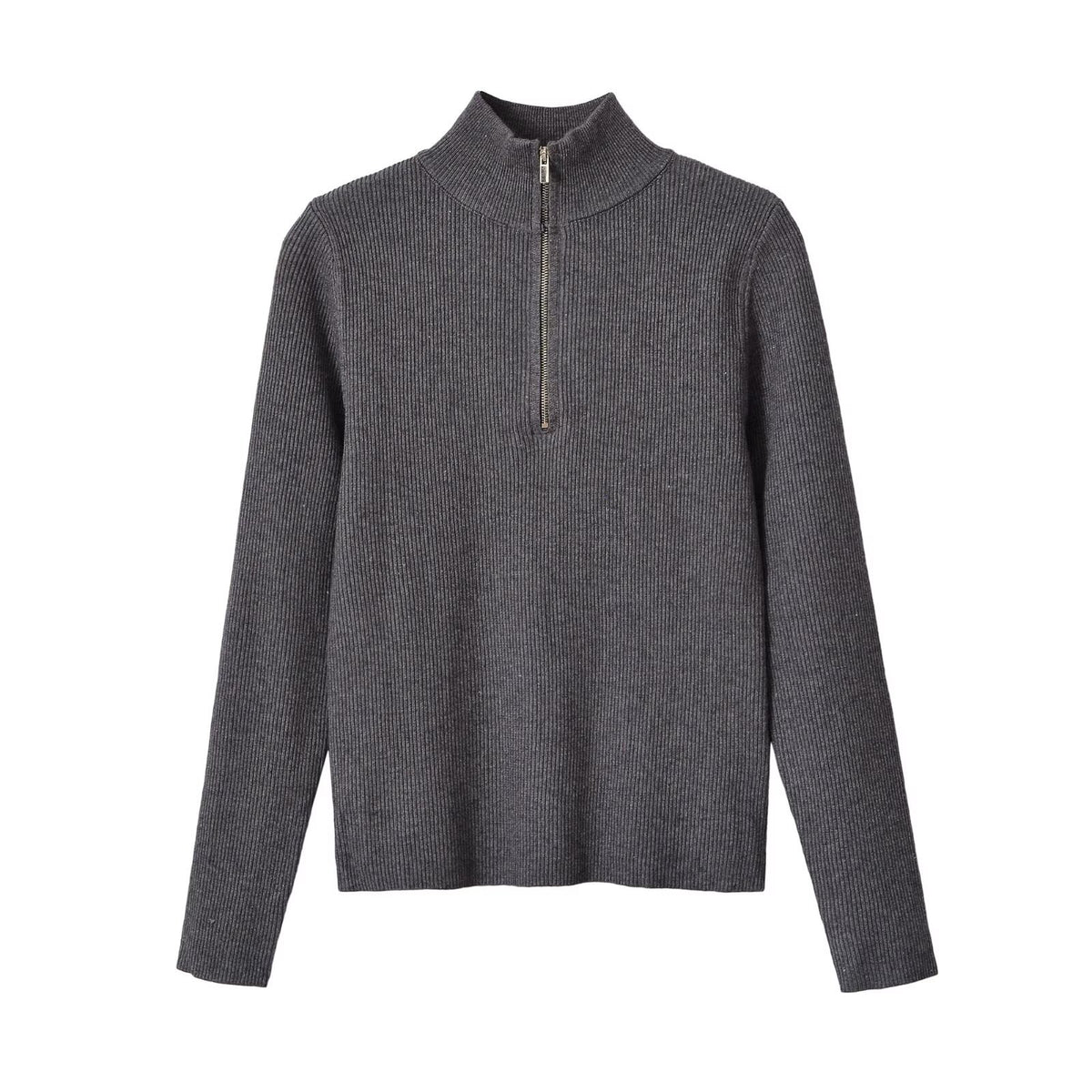 Zipper pullover stand up collar long sleeved knitted sweater for women