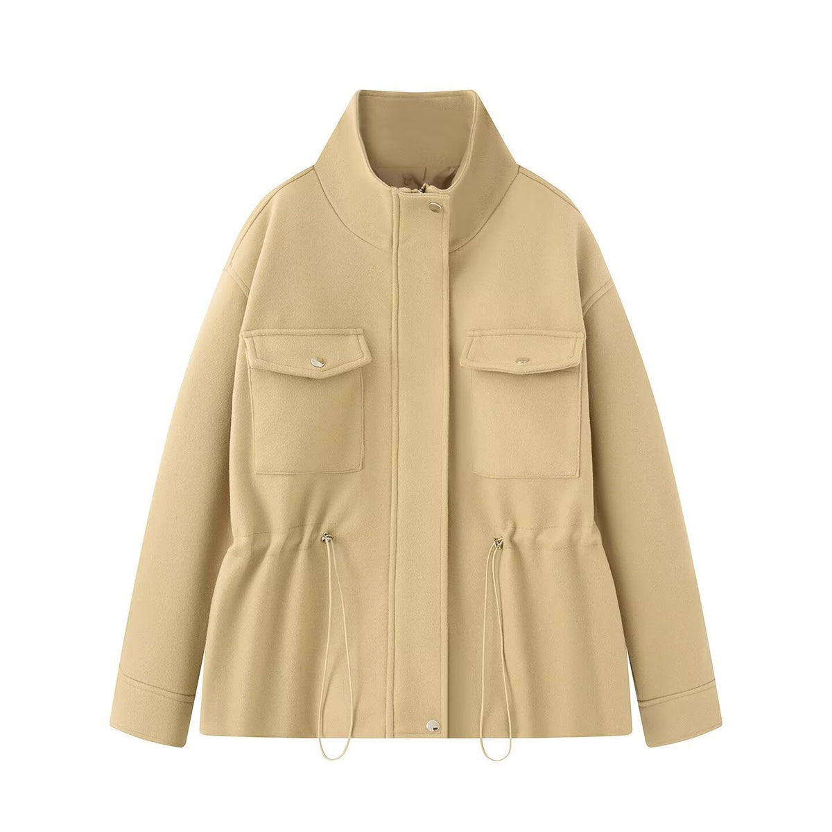 Zipper stand up collar adjustable waist jacket