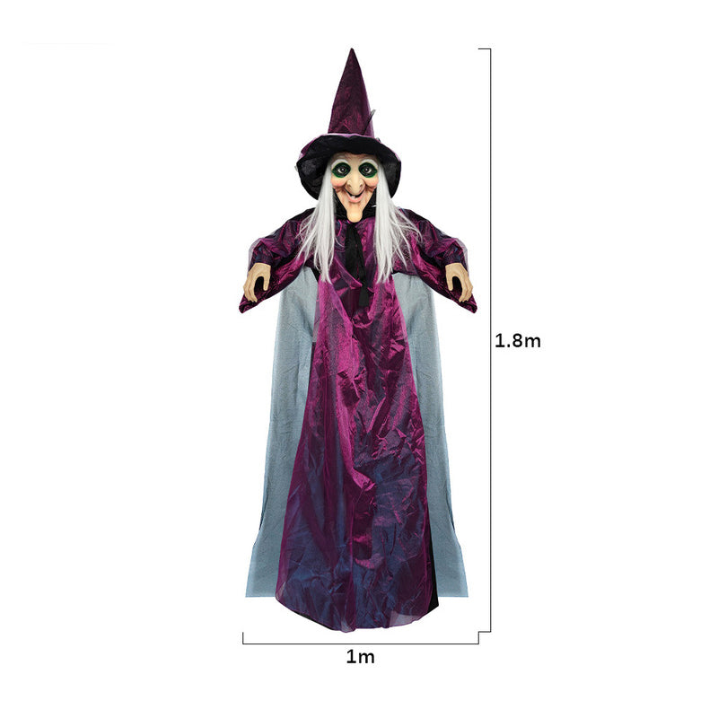 Life Size Talking Witch Decoration – Purple Animatronic Voice-Controlled Glowing Screaming Witch, Halloween Outdoor Spooky Prop