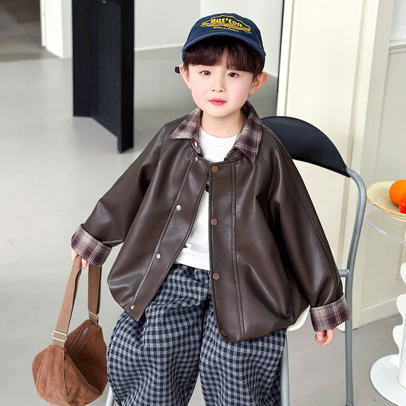 Boys PU Leather Biker Jacket Spring Autumn Motorcycle Outerwear
