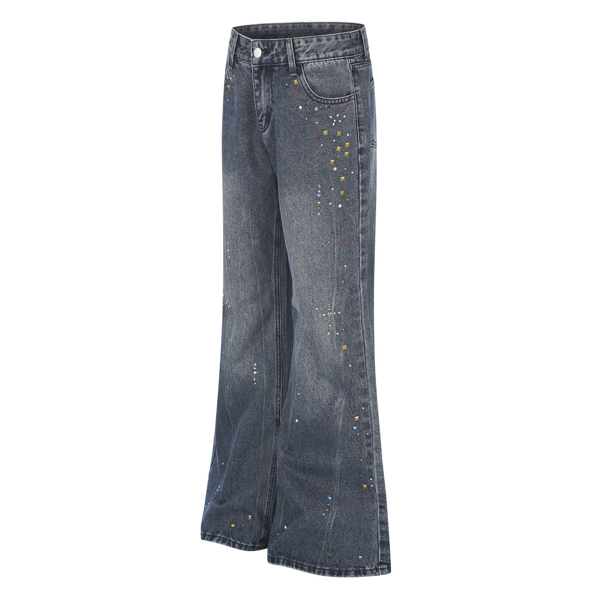 Distressed Wash Rhinestone High Waist Micro Flare Jeans for Women