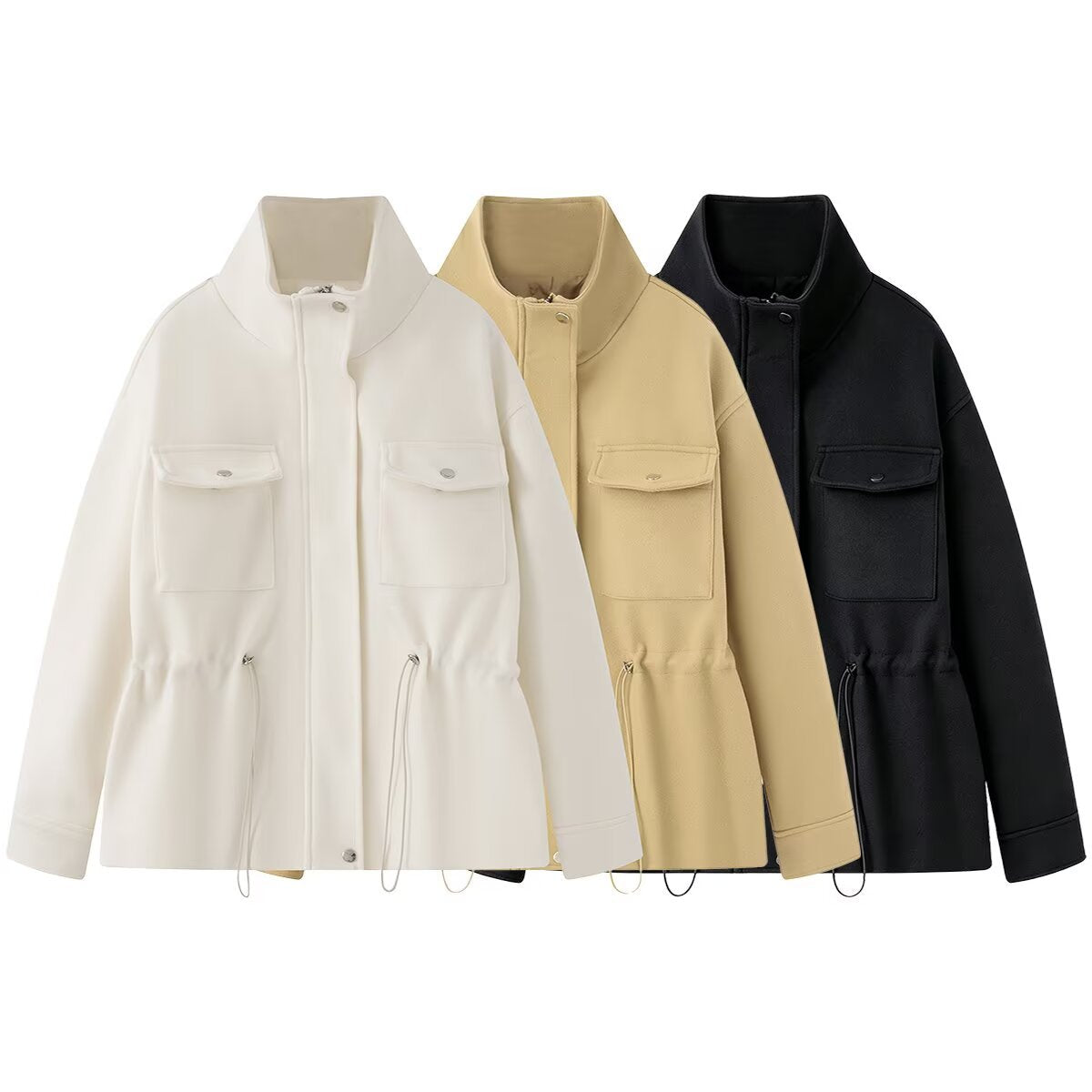 Zipper stand up collar adjustable waist jacket