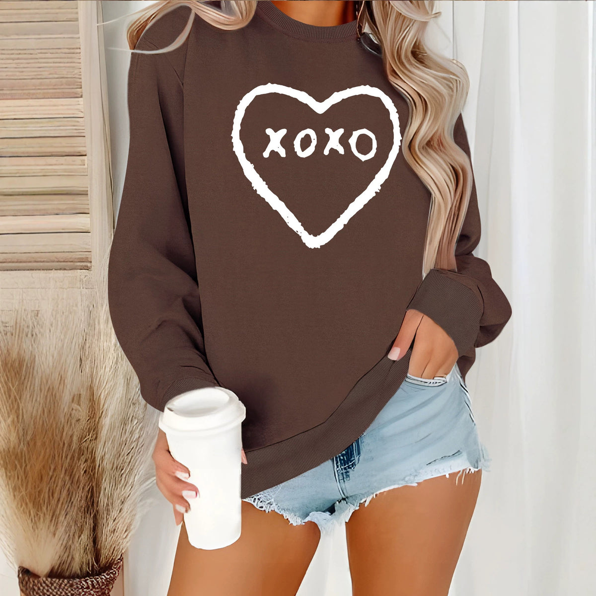Love printed round neck women's top hoodie