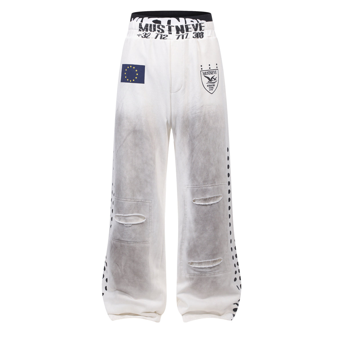 Wash Ripped Wide Leg Sweatpants Badge Polka Dot Print Unisex Loose Straight Long Pants