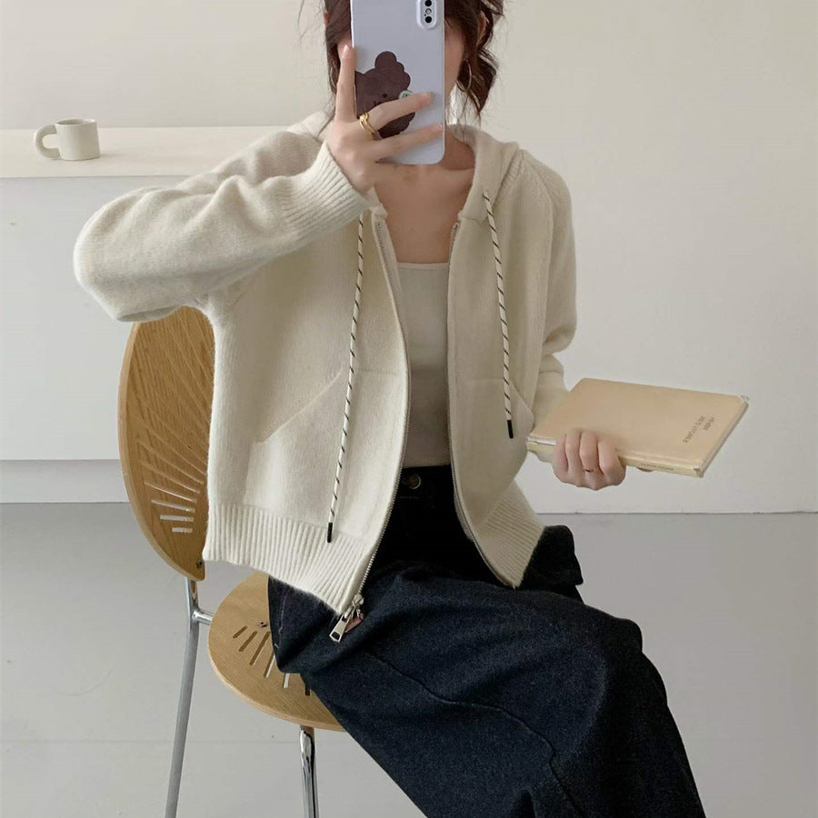 Hooded short cardigan sweater