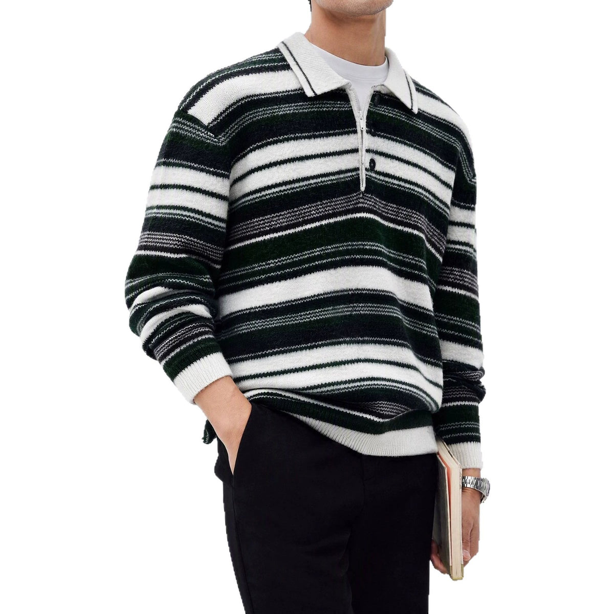Polo sweater with contrasting stripes