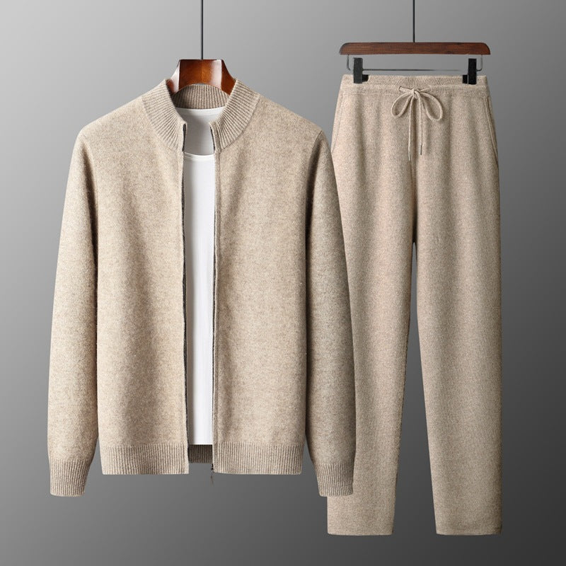 Men's 100% Australian Wool Stand Collar Zipper Cardigan Jacket Pants Set