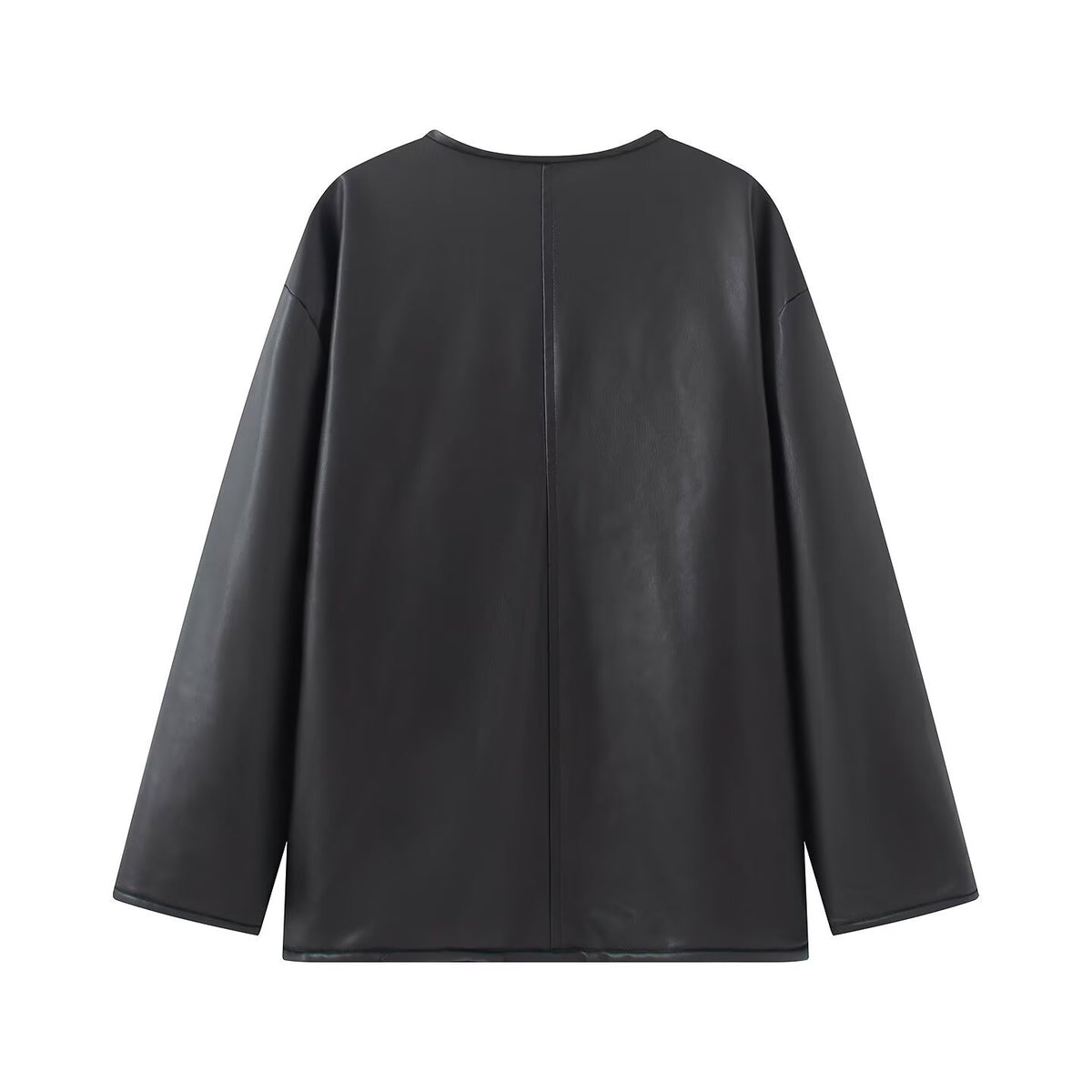 Pan button long sleeved round neck leather jacket