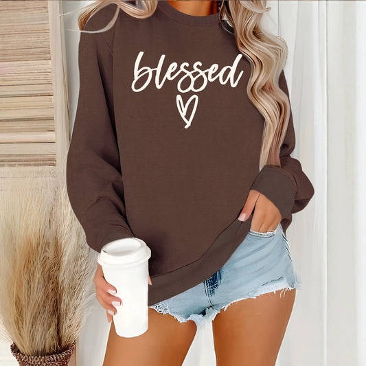 Blessing letter and heart-shaped printed round neck fleece hoodie