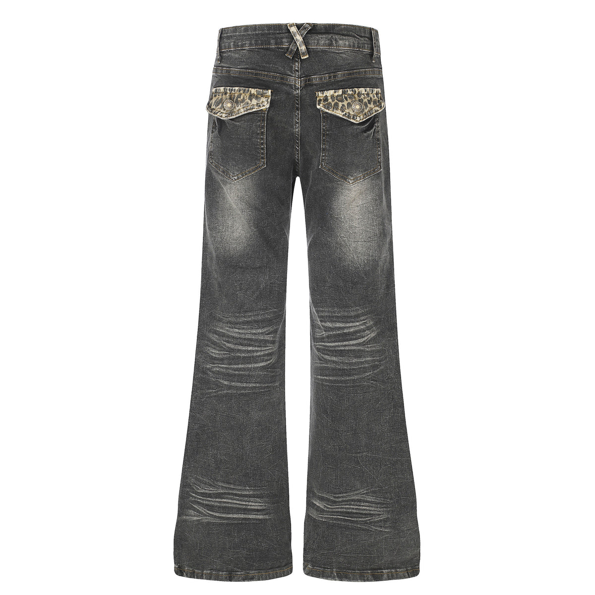 High Waist Denim Flare Jeans with Leopard Patchwork