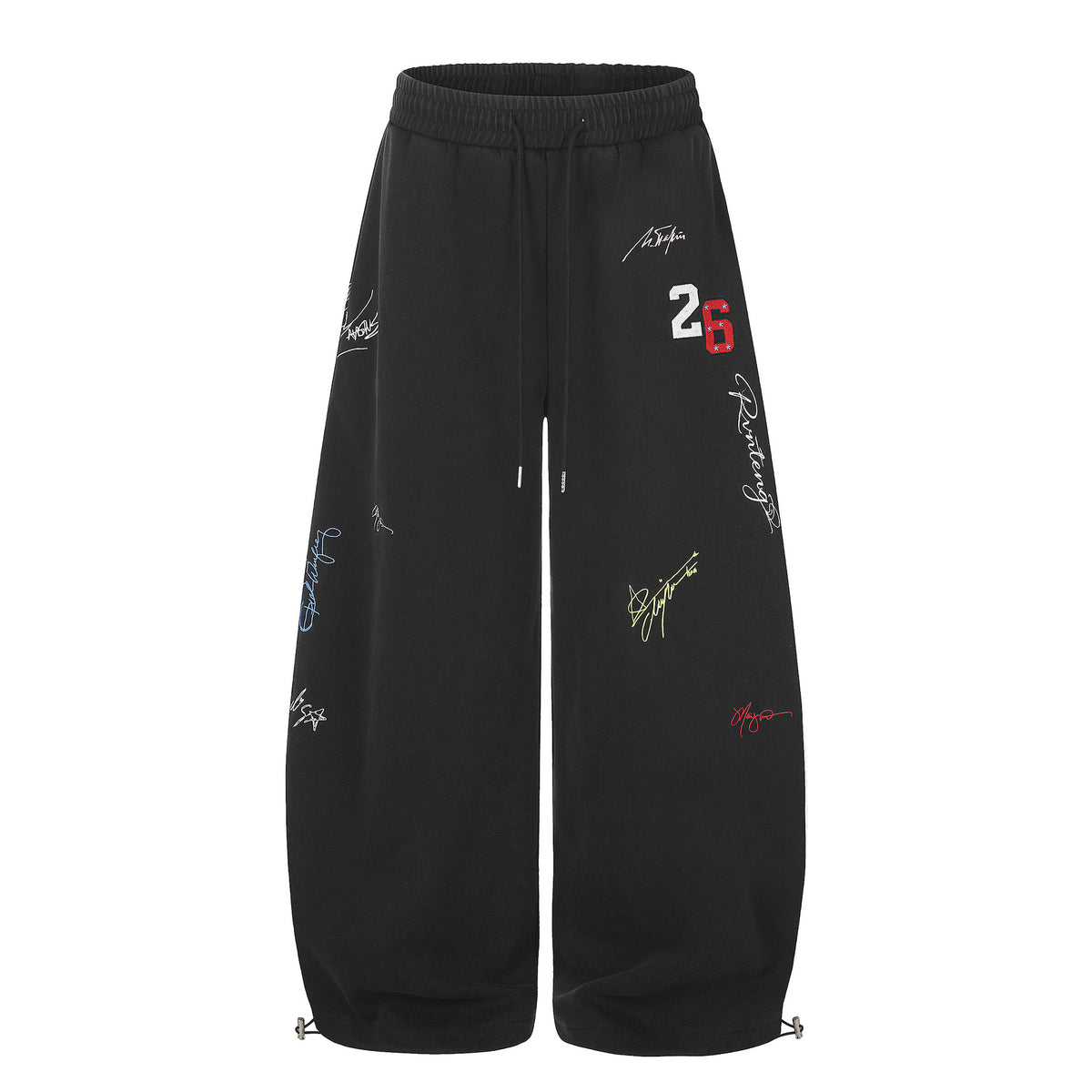 Distressed Numeric Signature Embroidery Drawstring Loose Draped Wide-Leg Casual Pants
