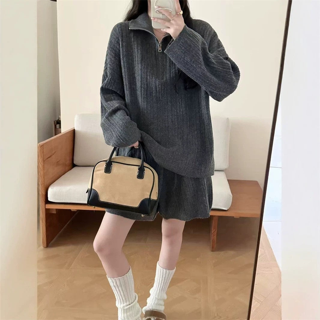 Half open collar zipper pullover sweater shorts two-piece set