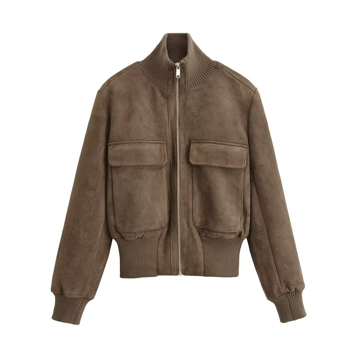 Loose suede pocket stand up collar jacket