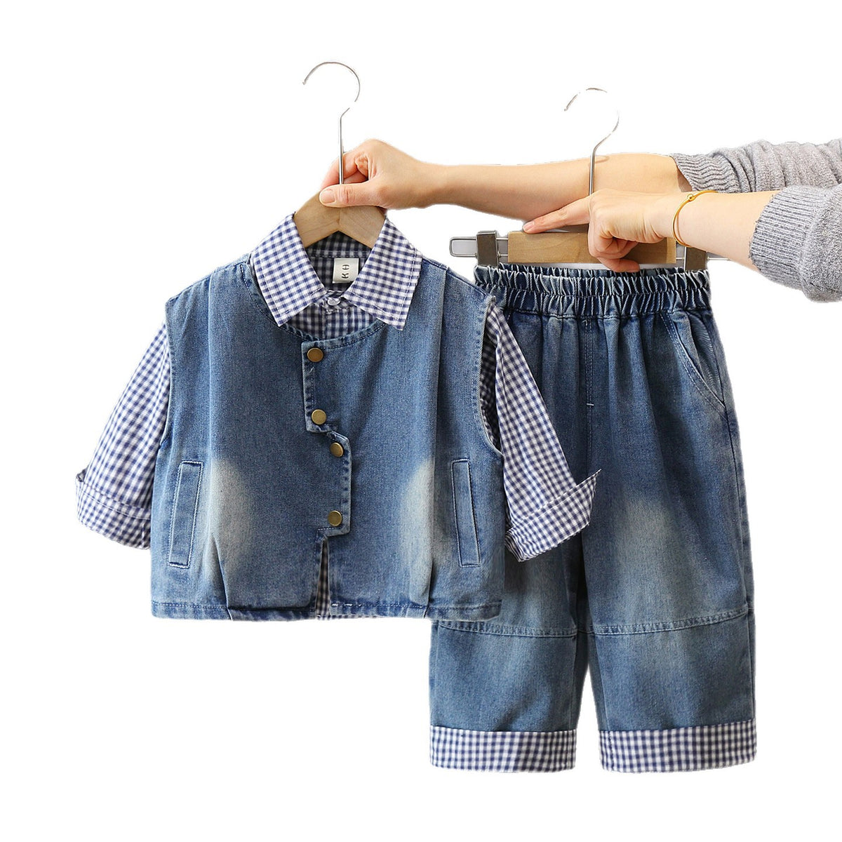 Boys Plaid Shirt Denim Vest 3-Piece Set Autumn Spring Fashion Casual Kids Clothes