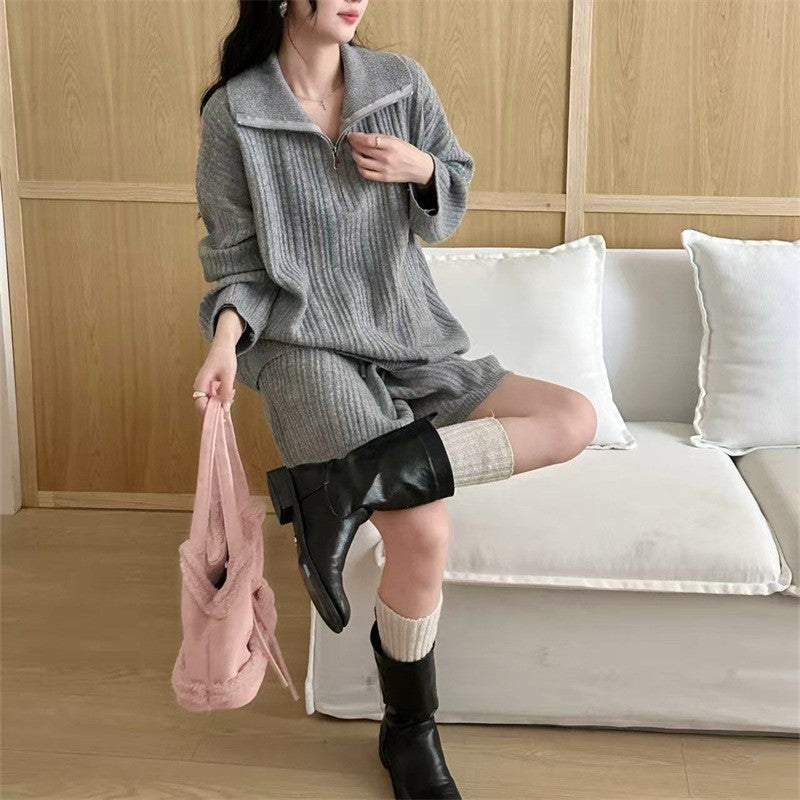 Half open collar zipper pullover sweater shorts two-piece set