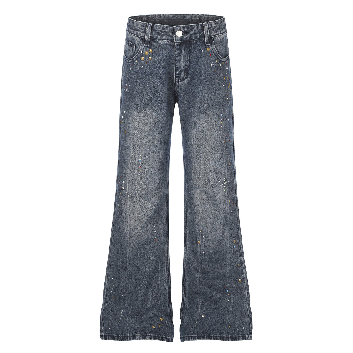 Distressed Wash Rhinestone High Waist Micro Flare Jeans for Women