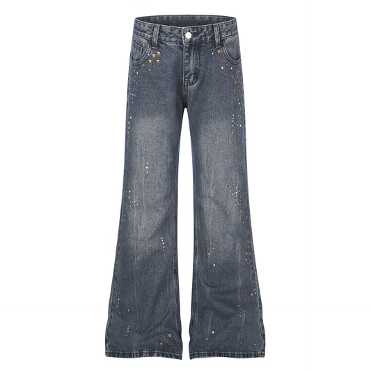 Distressed Wash Rhinestone High Waist Micro Flare Jeans for Women