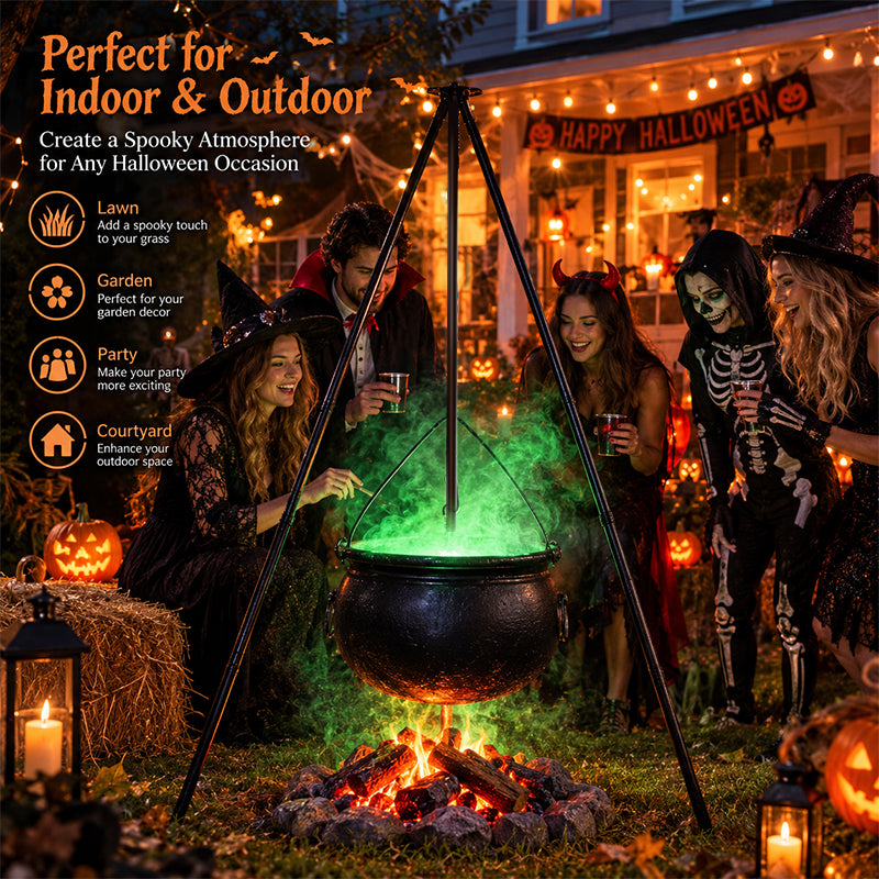 Halloween Black Witches Cauldron with Skeletons on Tripod – Outdoor Horror House Scary Prop, Home Halloween Decoration