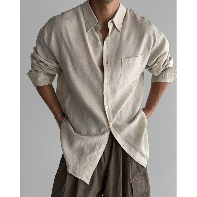 Italian Style Long Sleeve Linen Cotton Blend Business Casual Shirt