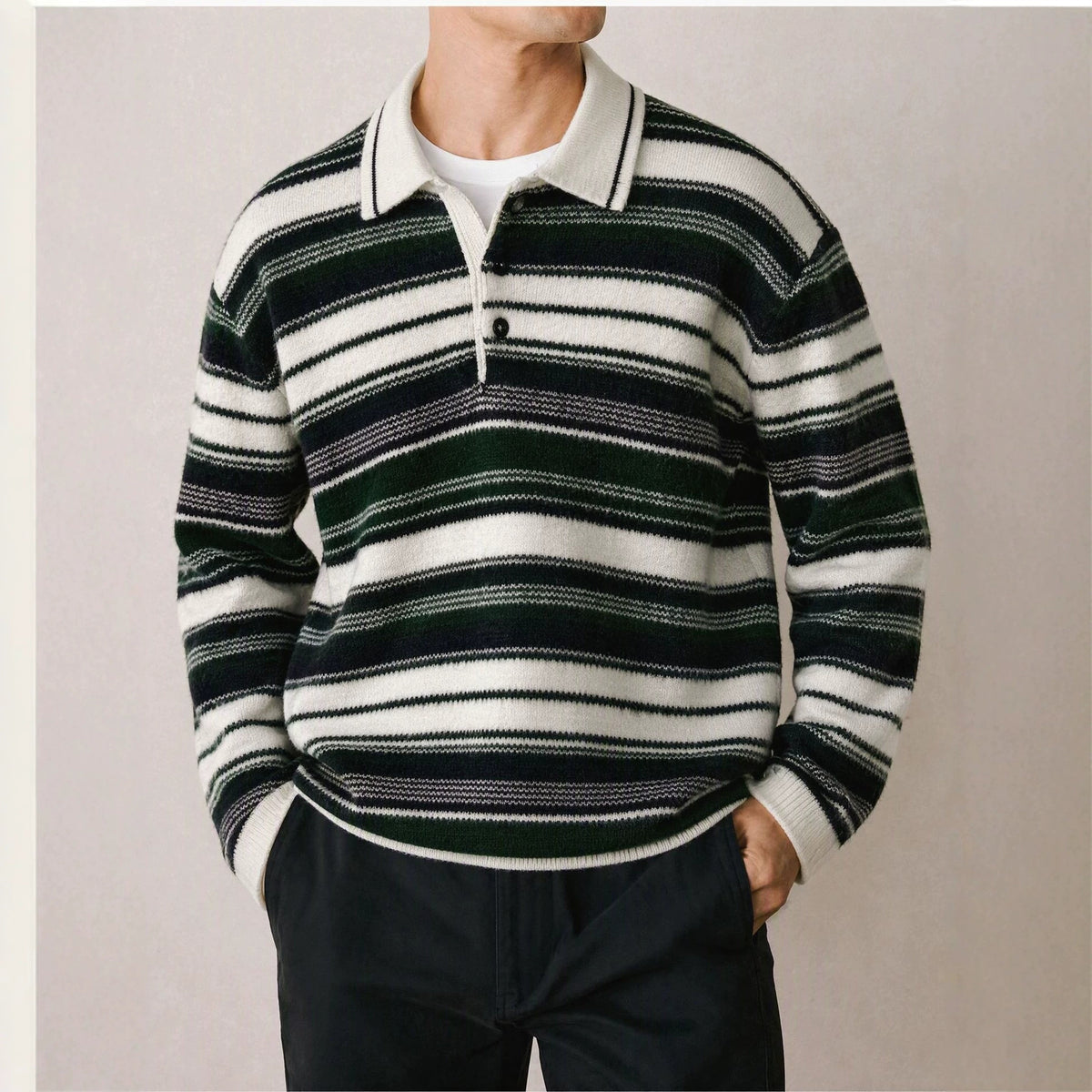 Polo sweater with contrasting stripes