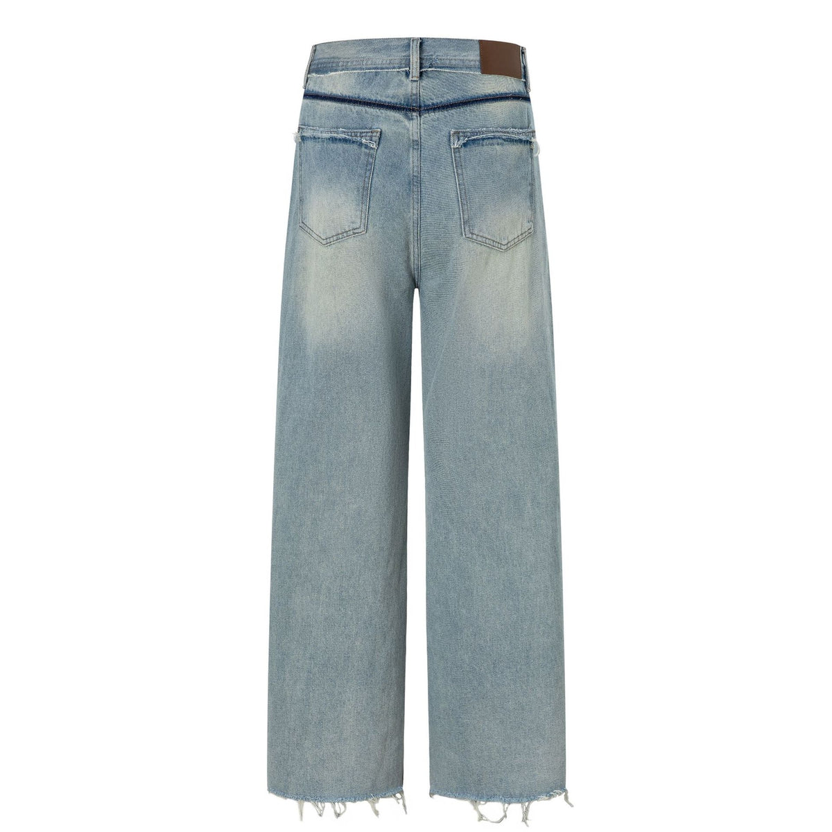 Wide Leg Denim Pants with Exposed Waist and Distressed Faded Finish
