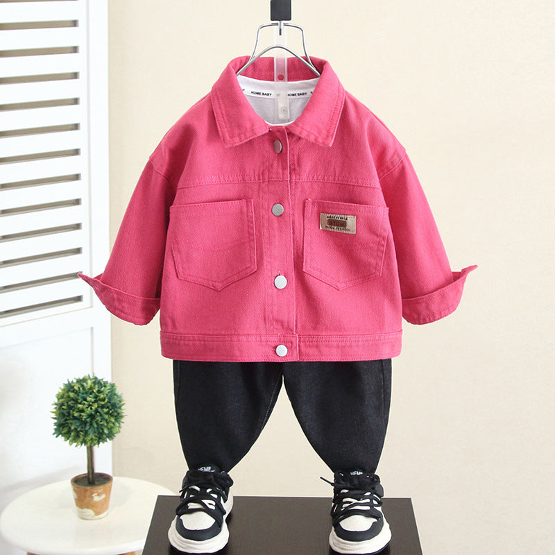 Casual Pink Denim Shirt Jacket for Boys Spring Autumn Stylish Button Down Outerwear