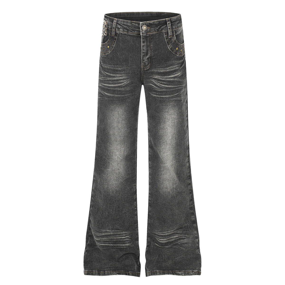 High Waist Denim Flare Jeans with Leopard Patchwork