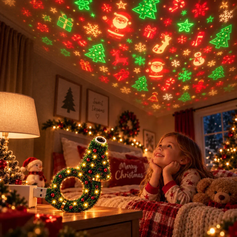 Christmas Projector Light – USB Powered Holiday Night Light with 6+ Patterns, Flexible Tree Lamp for Bedroom & Ceiling Decor
