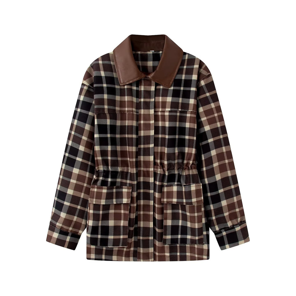 Single breasted contrasting collar plaid long sleeved jacket