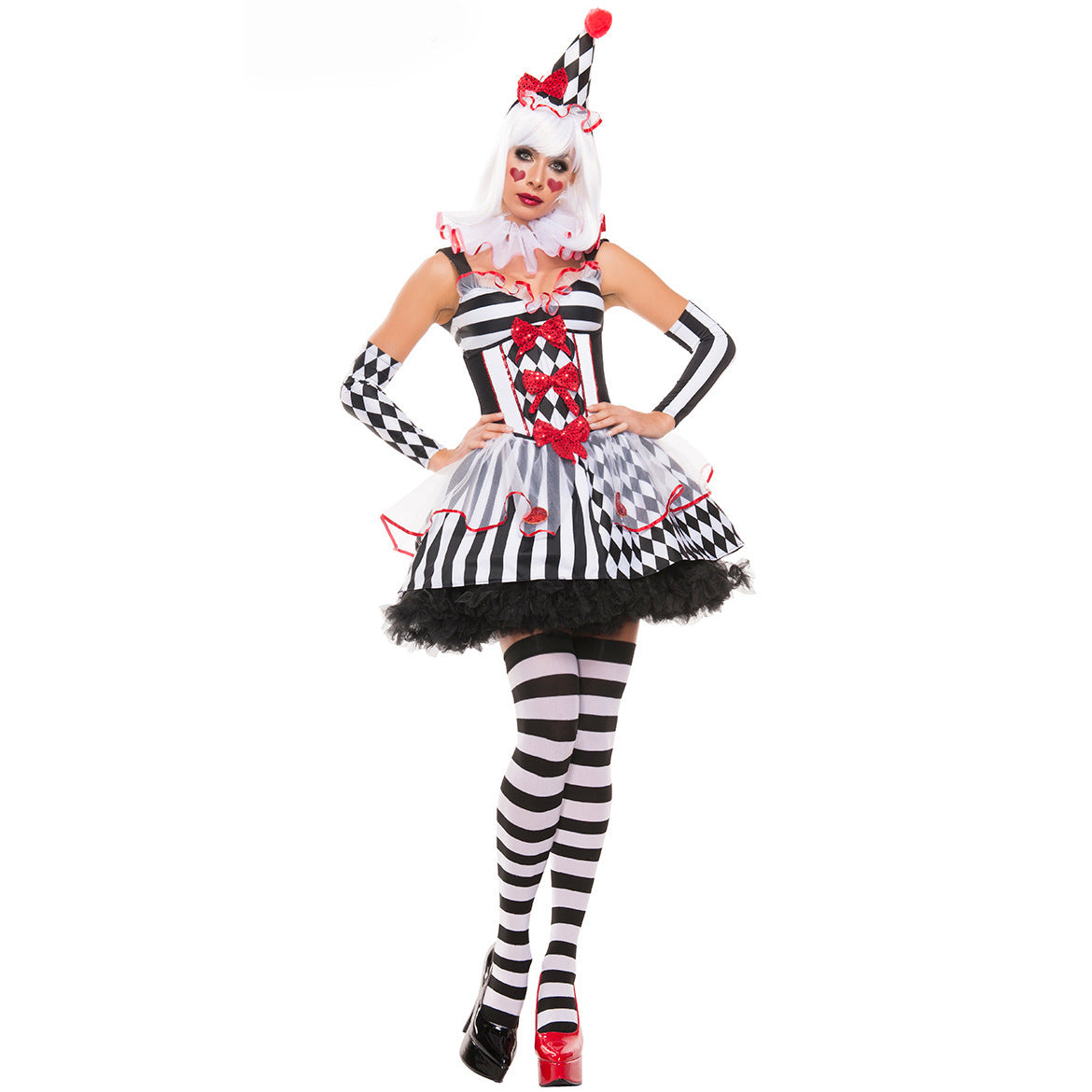 Cute Circus Clown Costume for Halloween Party Role Play COS Full Set Puffy Dress