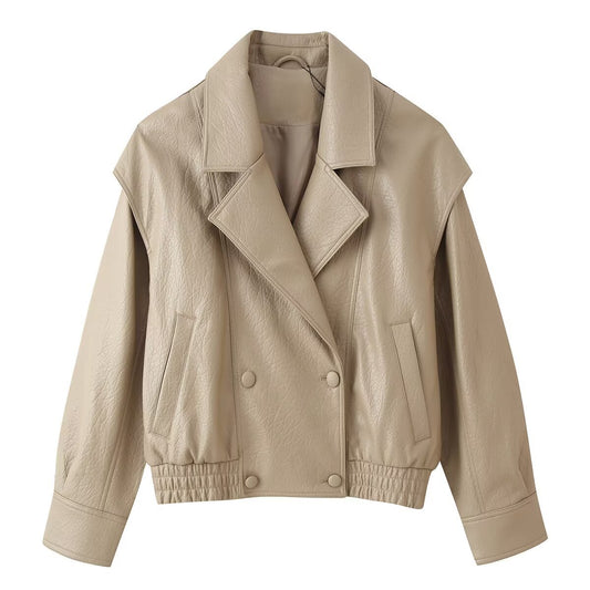 Casual loose double breasted imitation leather jacket