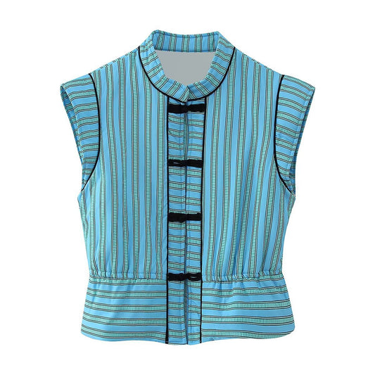 Single row buckle trimmed striped cotton vest for women