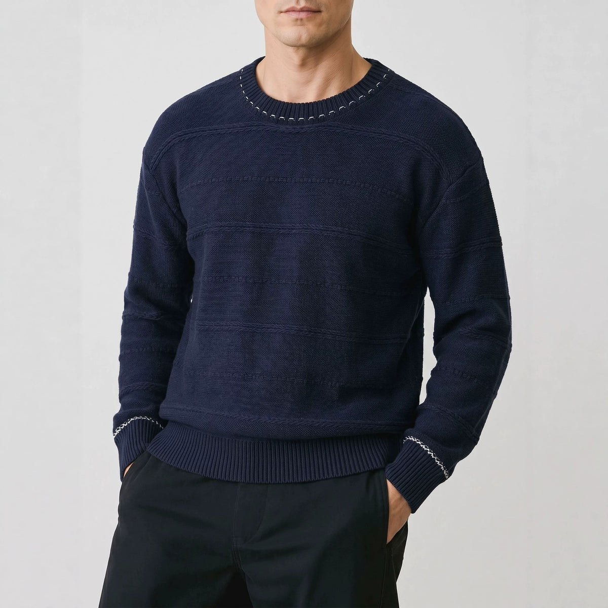 Color blocking design round neck pullover long sleeved sweater