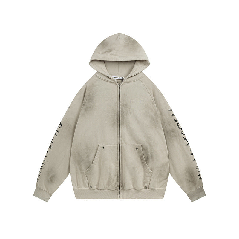 Washed Gradient Patch Embroidery Zip Up Hooded Sweatshirt Unisex Oversize Streetwear Jacket