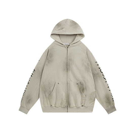 Washed Gradient Patch Embroidery Zip Up Hooded Sweatshirt Unisex Oversize Streetwear Jacket
