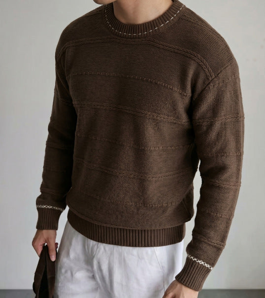 Color blocking design round neck pullover long sleeved sweater