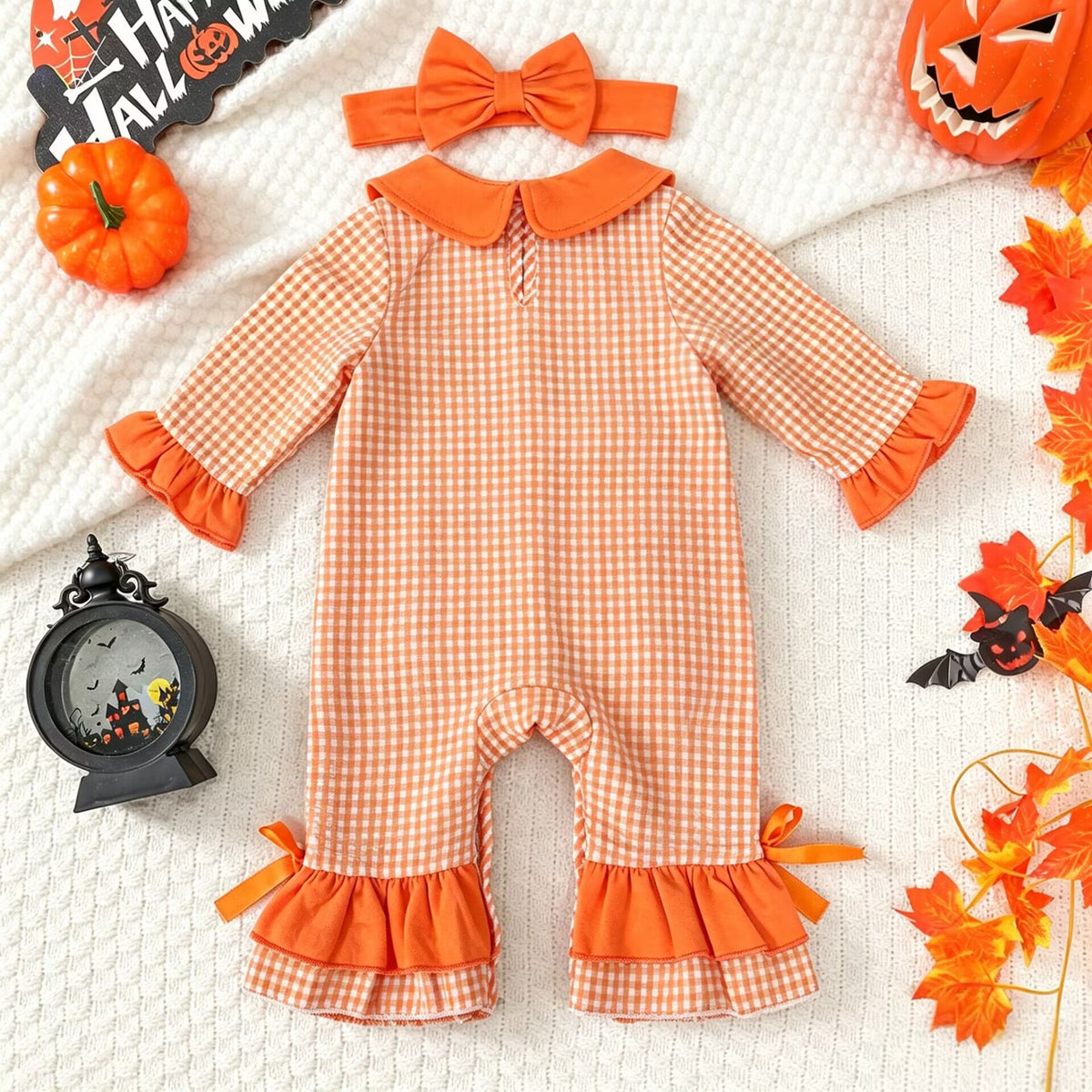 Baby Long Sleeve Romper with Orange Plaid Pumpkin Embroidery and Headband Set, Halloween Newborn Onesie Two-Piece Outfit
