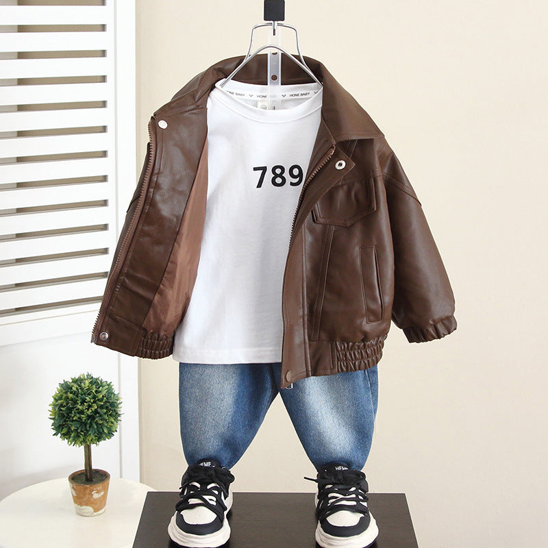 Stylish PU Leather Jacket for Boys Autumn Spring Casual Outerwear