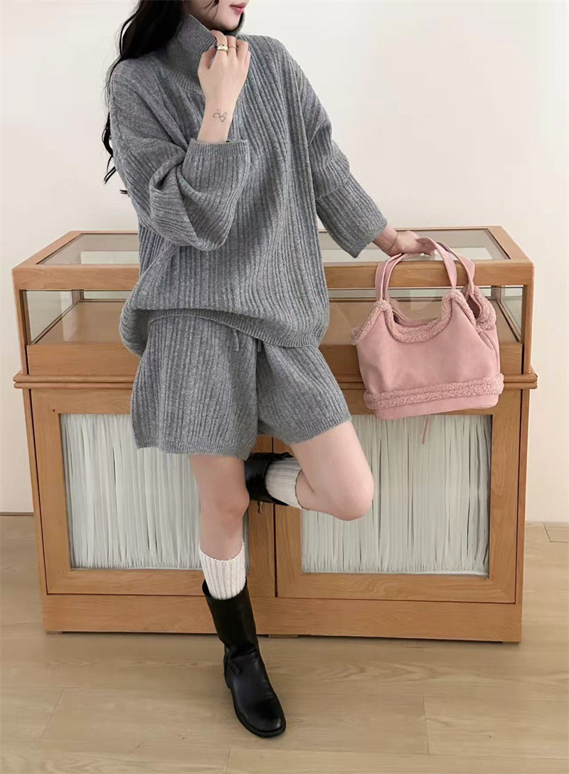 Half open collar zipper pullover sweater shorts two-piece set