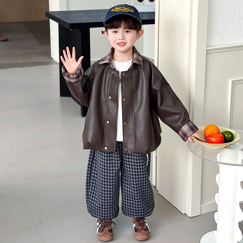Boys PU Leather Biker Jacket Spring Autumn Motorcycle Outerwear