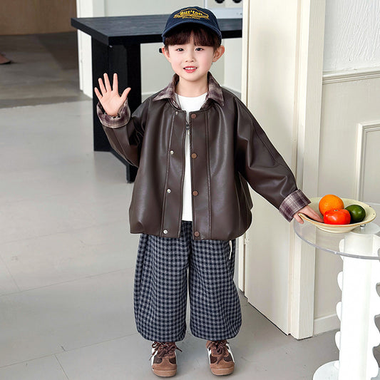 Boys PU Leather Biker Jacket Spring Autumn Motorcycle Outerwear