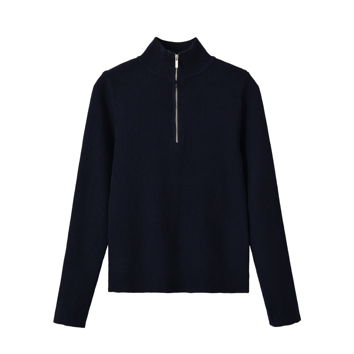 Zipper pullover stand up collar long sleeved knitted sweater for women