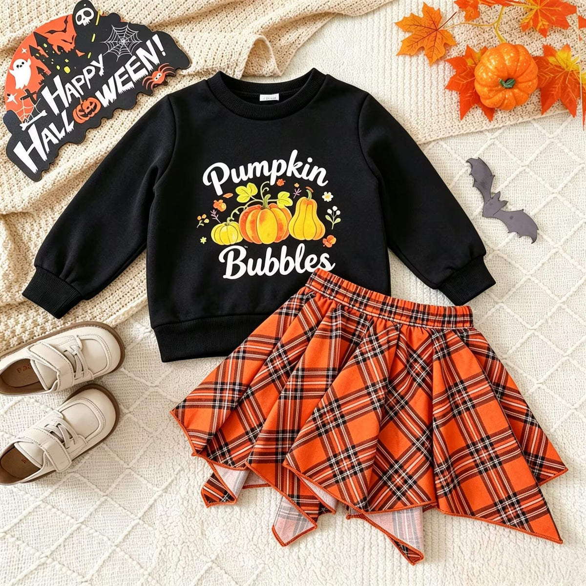 Children's Set Wholesale Factory Girls Halloween Pumpkin Hoodie Plaid Skirt Two-Piece Set Kids Autumn Outfit